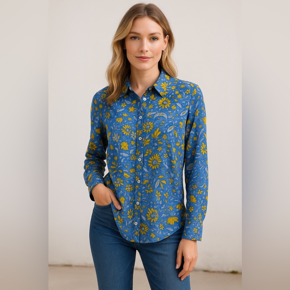 Talbots Blue and Yellow Floral Button Down Shirt 💛💙💛 - Picture 10 of 10
